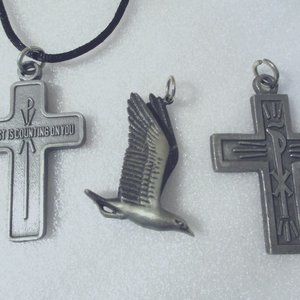 Lot of 3 Pewter Look Metal Pendants Charms Cross Christ Seagull